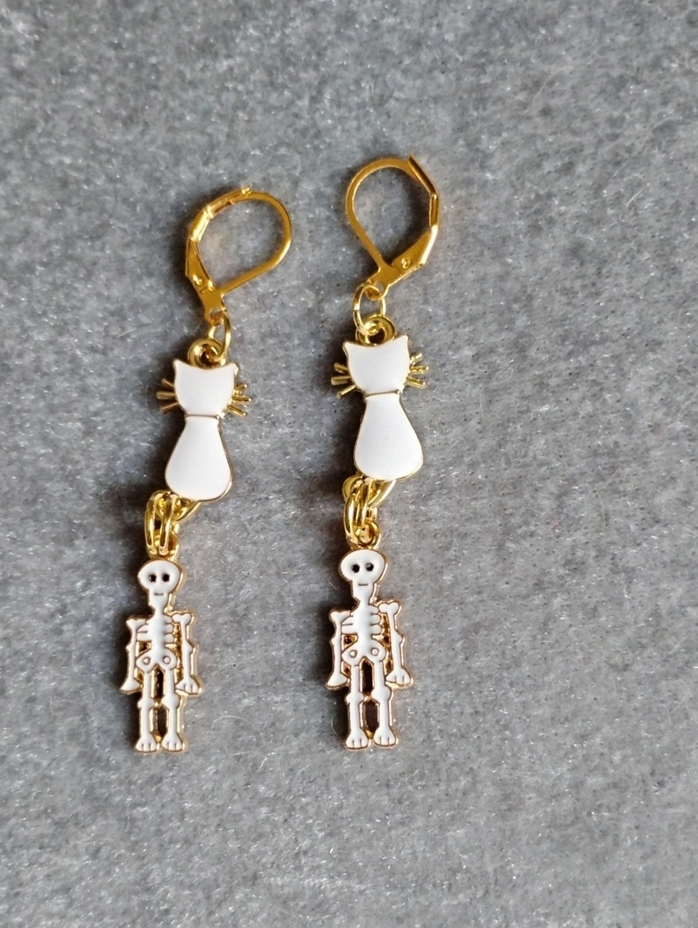 Hand Crafted Gold-Tone Ghost White Cat & Skeleton Lever Back Earrings